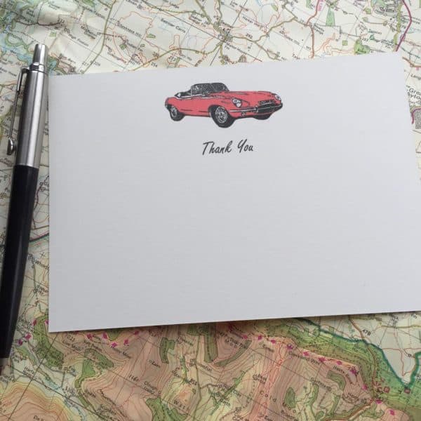 Thank you cards with an E type Jaguar illustration
