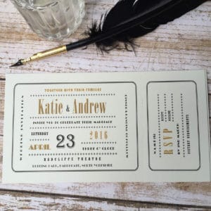 An Art Deco cinima ticket style wedding invitation