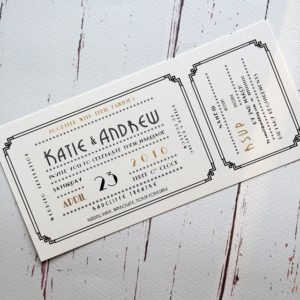 A Gatsby font cinema ticket style wedding invitation