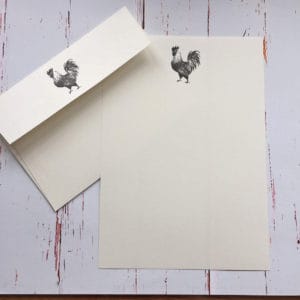 A cockerel illustration on writing paper with matching envelope